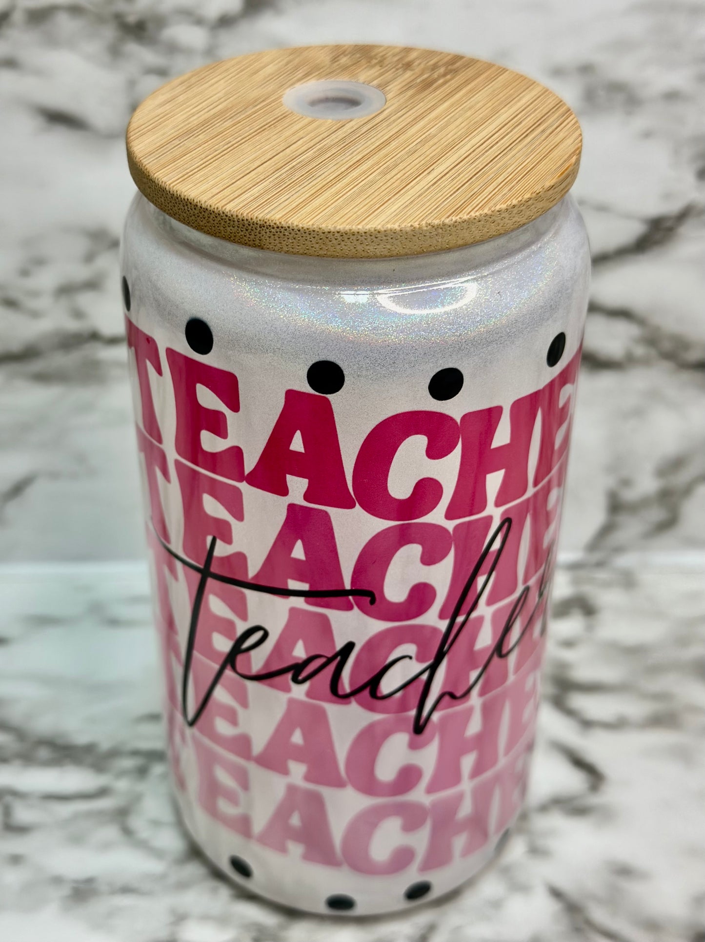 Groovy Teacher Sparkle Glass Can