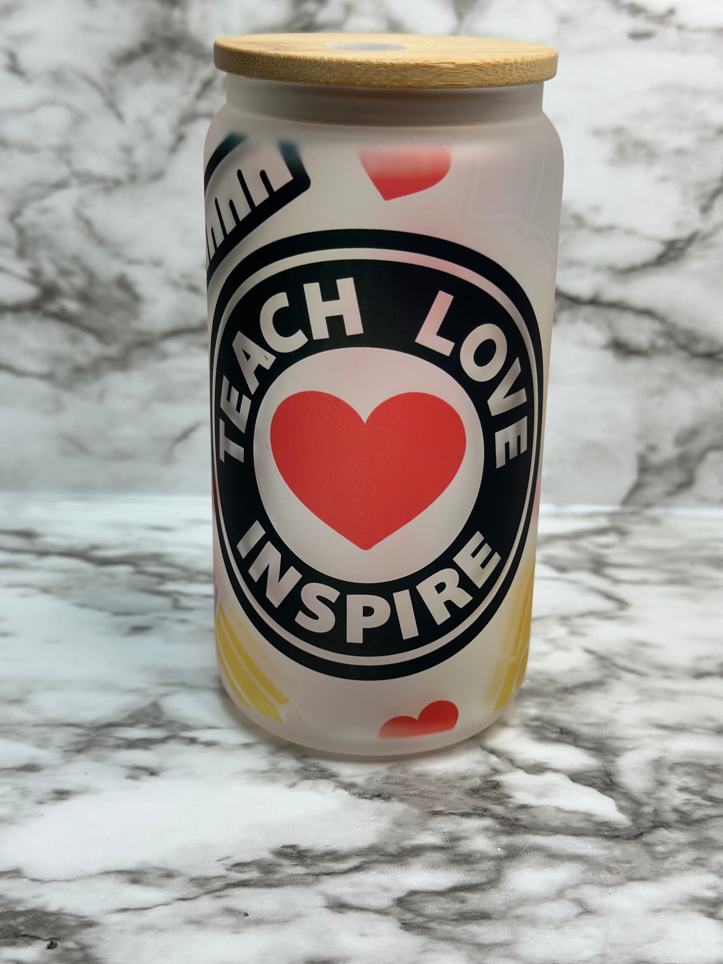 Teach Love Inspire Frosted Glass Can