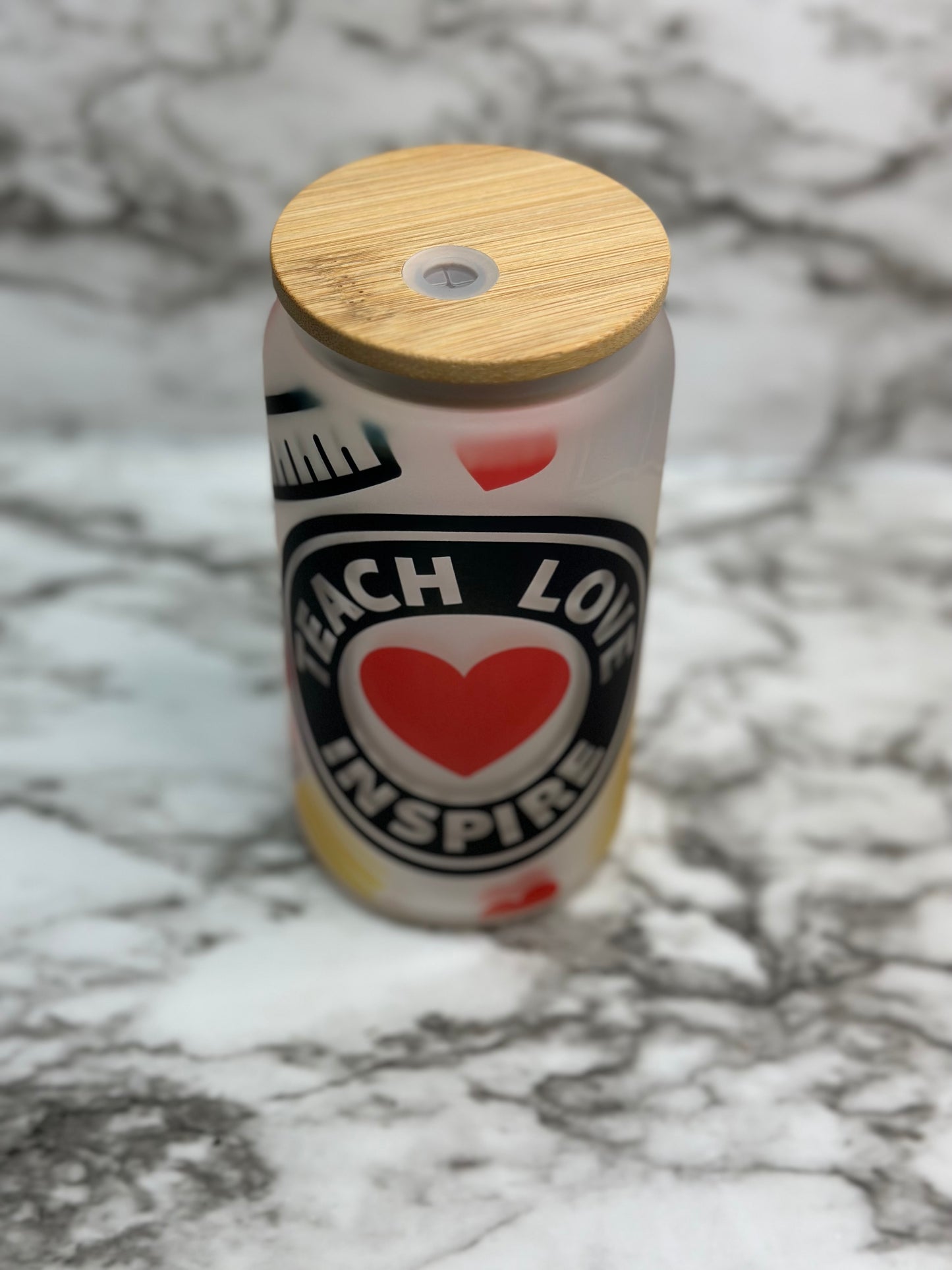 Teach Love Inspire Frosted Glass Can